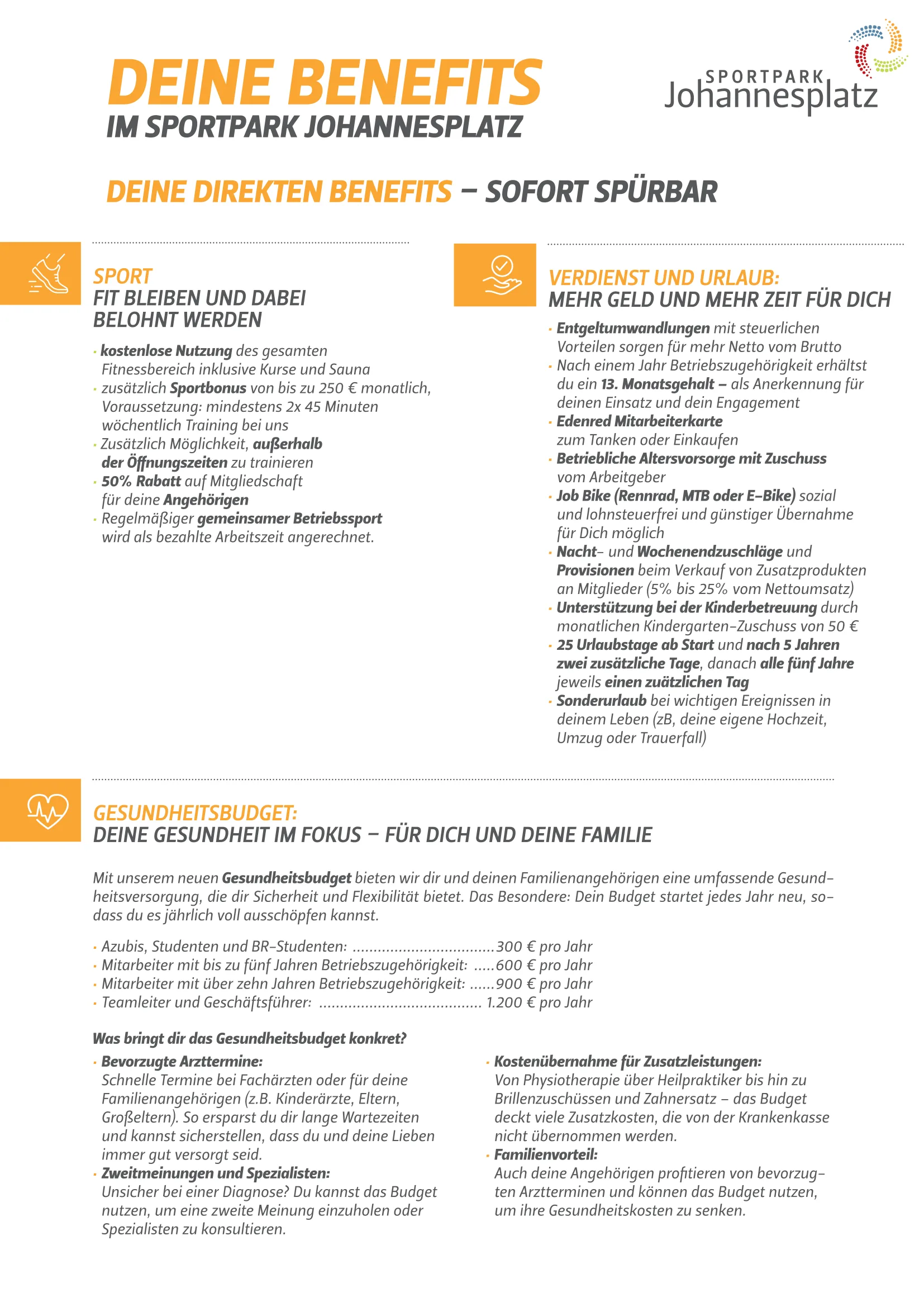 Seite 1 der Benefits: Sport, Verdienst und Urlaub, Gesundheitsbudget