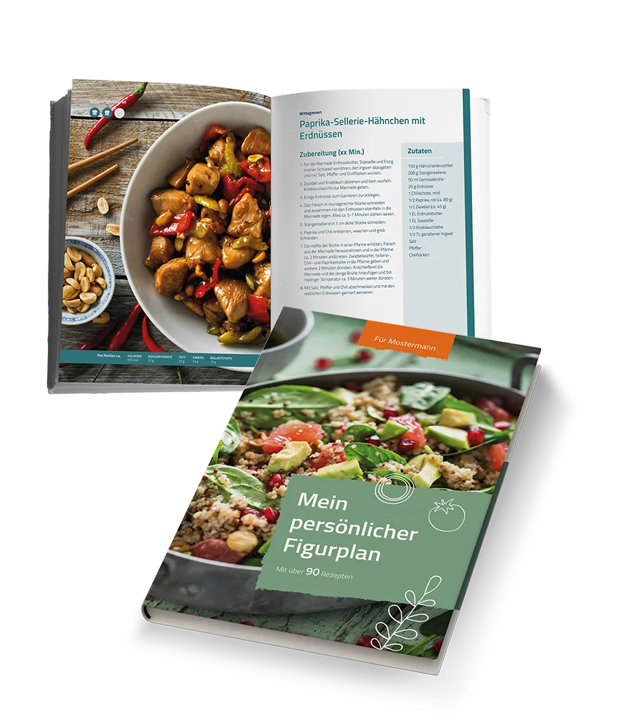 Das persönliche Ernährungsbuch: Auf dem Cover steht der Name des Teilnehmers, daneben ein aufgeschlagenes Buch mit einem Rezept und Zutatenliste