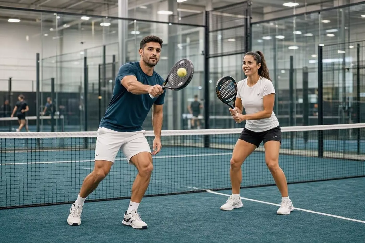 Ein Mann und eine Frau spielen zusammen Padel auf einem Platz mit Glaswänden, beide mit Schläger in der Hand