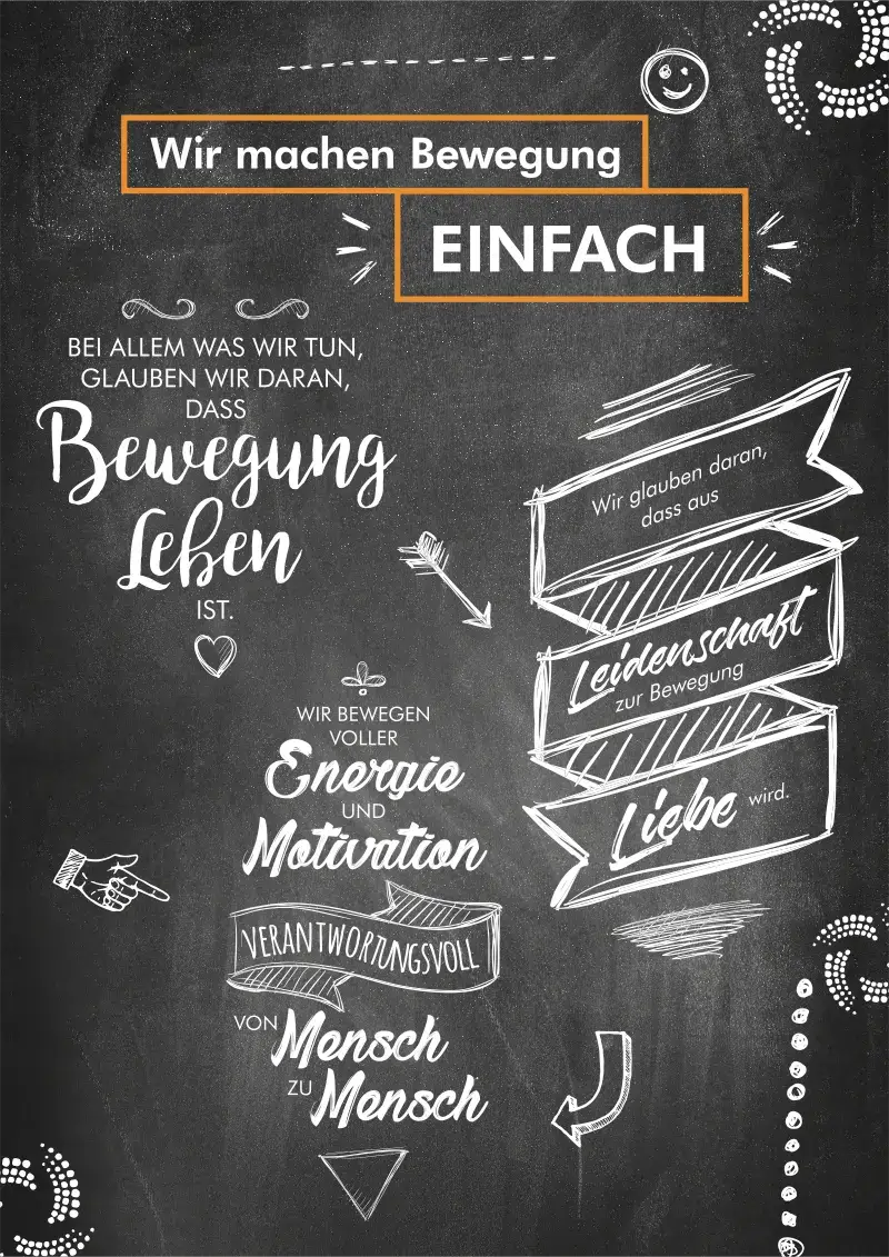 Kreidetafel mit der Botschaft: Wir machen Bewegung EINFACH. Bei allem, was wir tun, glauben wir daran, dass Bewegung Leben ist.
